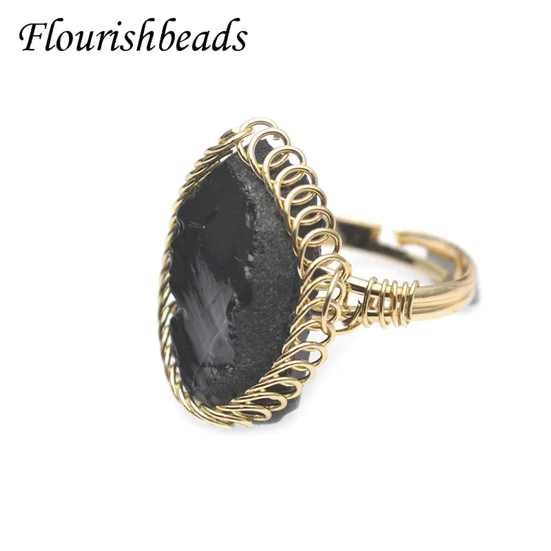 Natural Crystal Stone Rings Gold Wire Wrap Women Men Healing Amethysts Fluorite  Obsidian Adjustable Fashion Nickel Free Ring