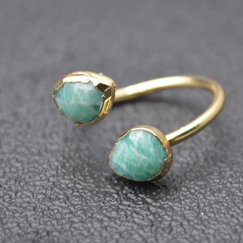 Natural Amazonite Stone Rings Double Gemstones Faceted  Adjustable Elegant Woman Ring Jewelry Gift