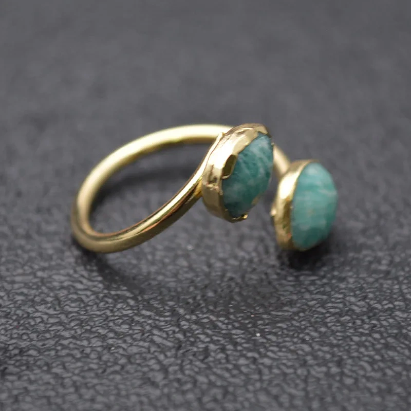 Natural Amazonite Stone Rings Double Gemstones Faceted  Adjustable Elegant Woman Ring Jewelry Gift