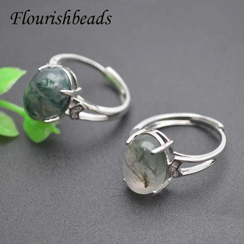 Natural Stone Ocean Water Moss Agate Rings 10x14mm Cabochon Adjustable Ring for Women Fashion Jewelry Gift 1-3pcs/lot