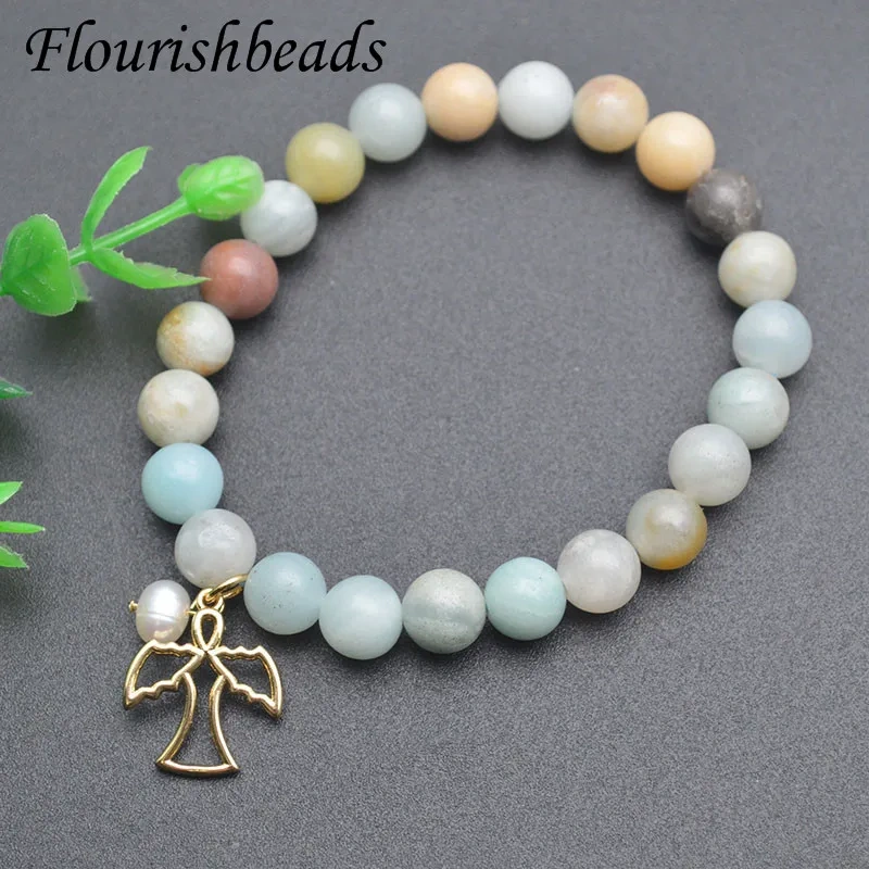 Healing Lucky Mix Amazonite Beads Metal Starfish Conch Charm Stretch Bracelet for Women Bracelet Jewelry Gifts