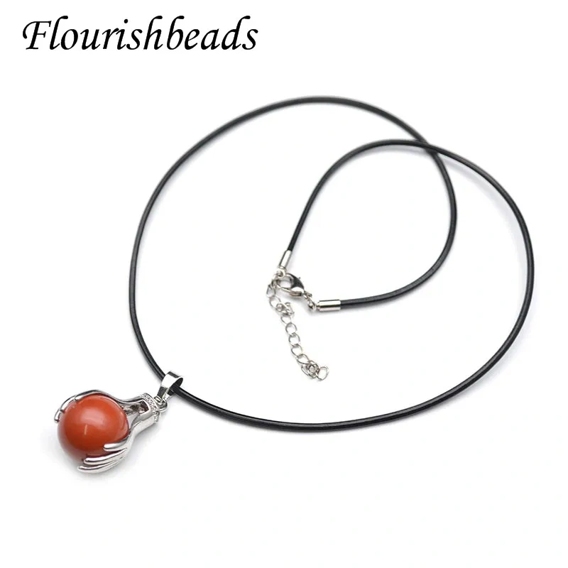 Natural Stone Hands Hold Round Ball Shape Pendant Leather Cord Chain Necklace Reiki Healing Jewellery Gift