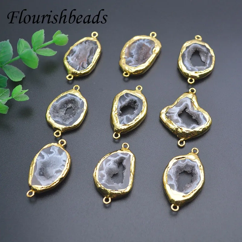 5pcs Natural Gray Druzy Stone Connector Quartz Crystal Two Loops Clasp for DIY Vintage Jewelry Making Necklace