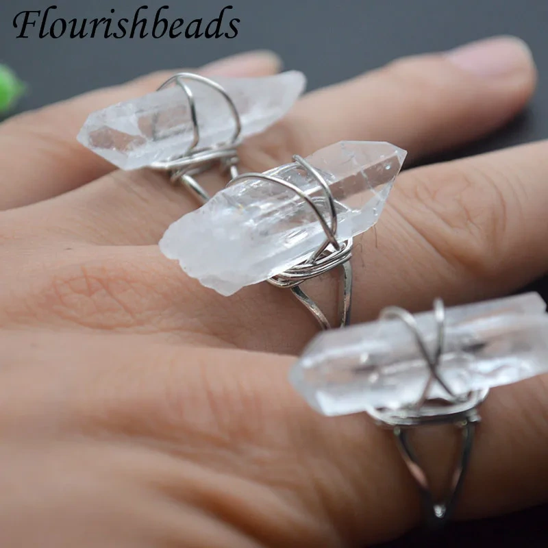 Natural Stone Hand Wound White Crystal Quartz Irregular Raw Stone Open Ring Healing Meditation Jewelry Gift