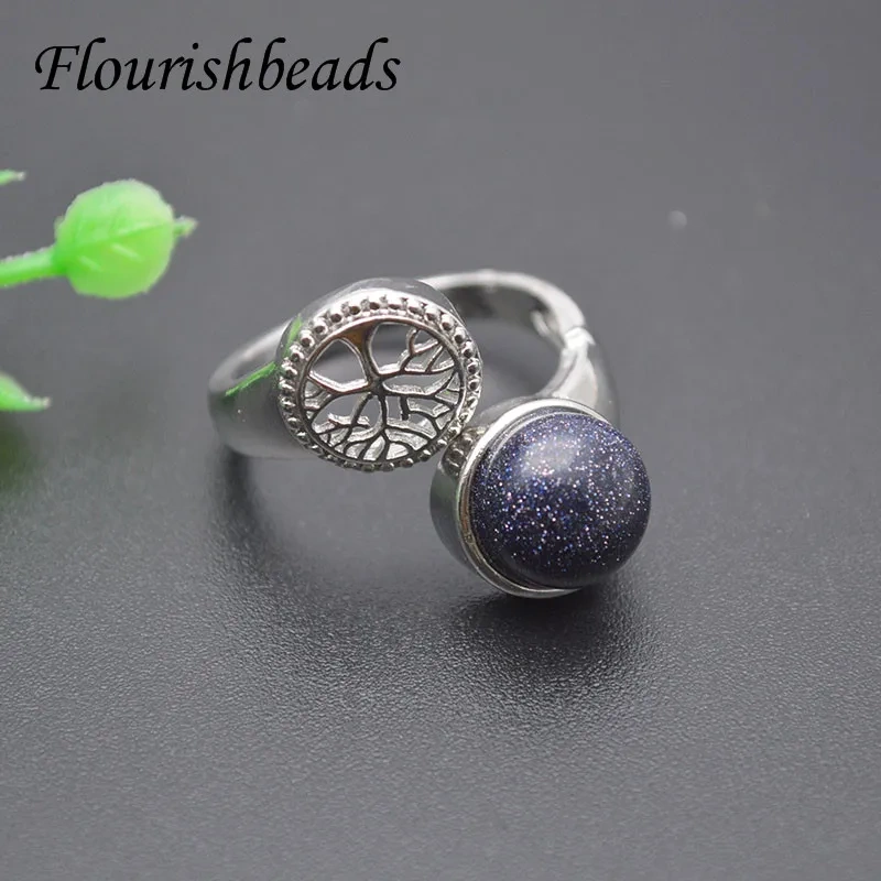 Natural Round Gemstone Life Tree Open Ring Healing Crystal Agates  Aventurine Lapis Adjustable Rings for Women Party Gift
