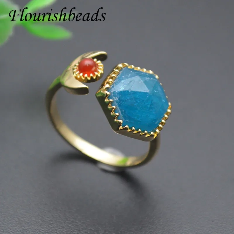 Wholesale Various Natural Stone Rings Hexagon Malachite Sunstone Apatite Adjustable Size Rings Healing Jewelry Gift