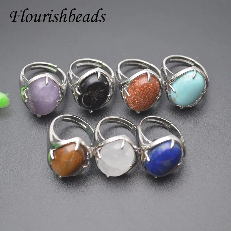 Natural Stone Smooth Oval Cabochon Rings Quartz Amethyst Crystal Lapis Obsidian Adjustable Ring Fine Jewelry