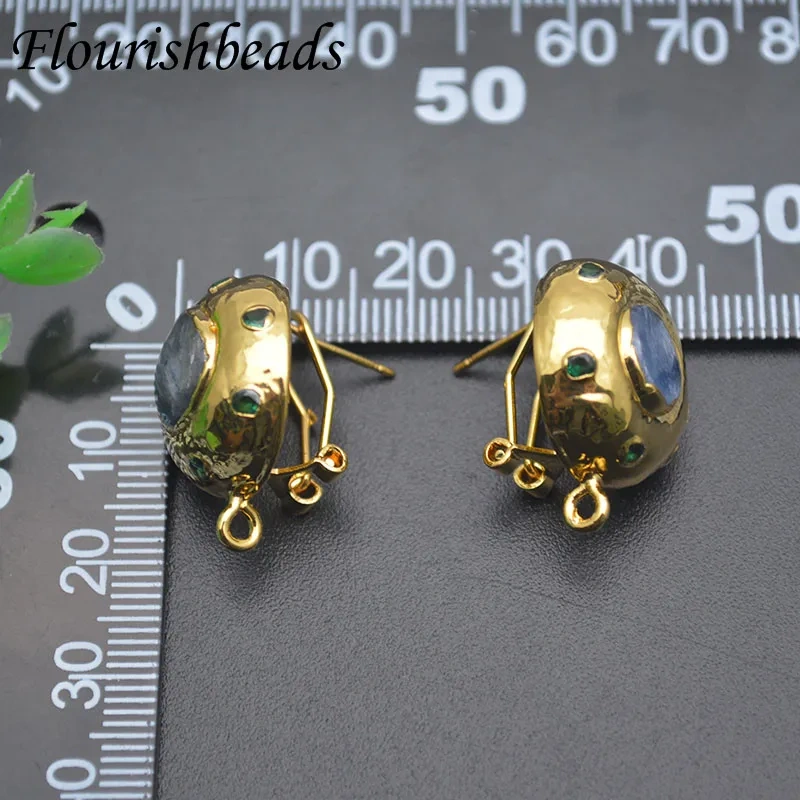 Natural Stone Gold Plated Paved Green Agate Earring Hooks Leverback Earwire for Retro Jewelry Making 1pairs