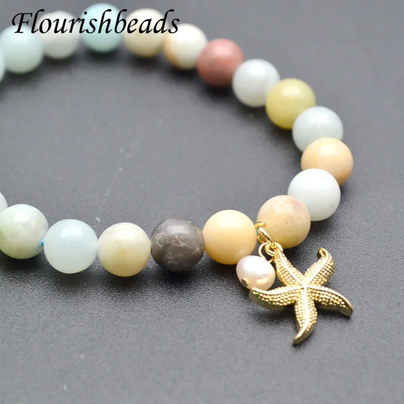 Healing Lucky Mix Amazonite Beads Metal Starfish Conch Charm Stretch Bracelet for Women Bracelet Jewelry Gifts