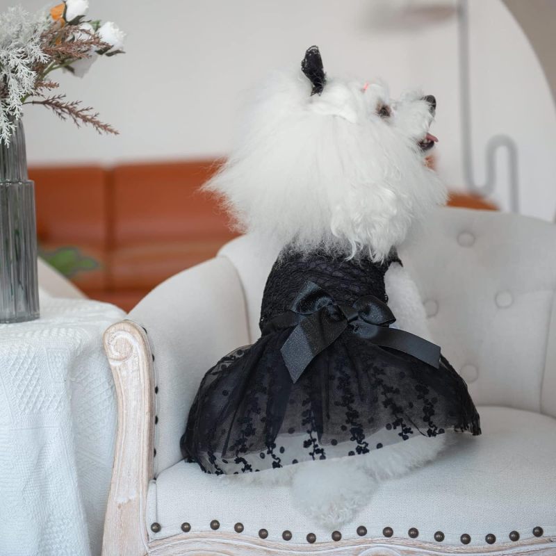 CuteBone Houndstooth Dog Dress Velvet Turtleneck Puppy Skirt with Bow Hair Rope Birthday Gift DD15