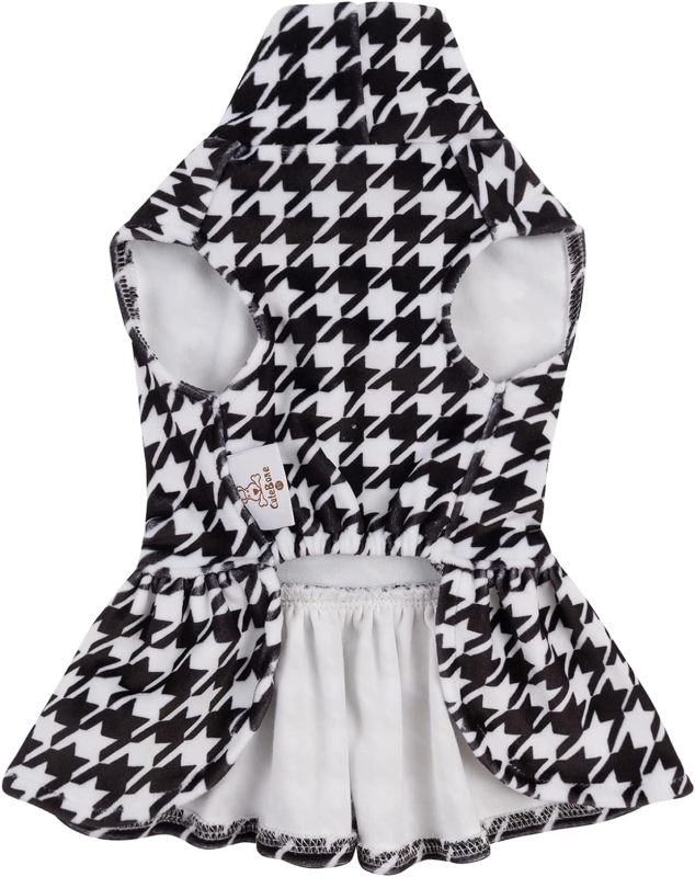 CuteBone Houndstooth Dog Dress Velvet Turtleneck Puppy Skirt with Bow Hair Rope Birthday Gift CVD04