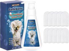 CuteBone Beef-Flavored Dog Toothpaste 4.3oz/120g with 10 Count Pet Dental Finger Dry Wipes Dental Care for Fresh Breath & Healthy Gums