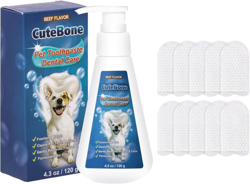 CuteBone Beef-Flavored Dog Toothpaste 4.3oz/120g with 10 Count Pet Dental Finger Dry Wipes Dental Care for Fresh Breath &amp; Healthy Gums