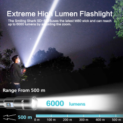 Smiling Shark 6000 Lumens 5500Mah 8 Hours Long Last Led Torch Rechargeable Torch Flashlight 4 Mode Super Bright Torches Rechargeable Torches Led Rechargeable Torch Llight Rechargeable-4modes Zoomable Waterproof for Camping Hiking Working-SD5225
