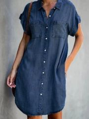 Plus Size Women Denim Shirt Dresses Short Sleeve Distressed Jean Dress Button Down Casual Tunic Top