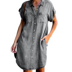 Plus Size Women Denim Shirt Dresses Short Sleeve Distressed Jean Dress Button Down Casual Tunic Top