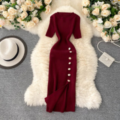 Vestidos Solid Korean Vintage High Waist Women Dress Bodycon Sexy Stretch Knitted 2024 Summer Dresses Chic 16347
