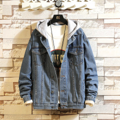 Denim Jacket Men Hooded Casual Men Jean Jackets Streetwear Solid Color Turn Down Collar Denim Coats Men Jacktes Hat Detachable
