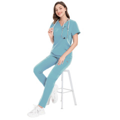 Women Scrubs Set Medical Uniform V-Neck Top Pant with Pockets