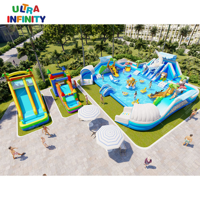 Outdoor shark theme water park inflatable pool slide toys ground water park inflatable land water amusement park commercial