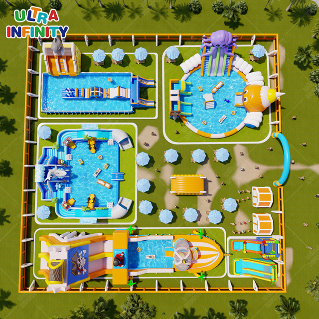 Inflatable Water Amusement Park Land Water Pool With Pirate Ship Slide Design