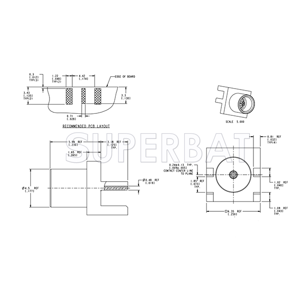 Superbat 75 Ohm MCX Jack Female Edge Mount PCB - End Launch Connector