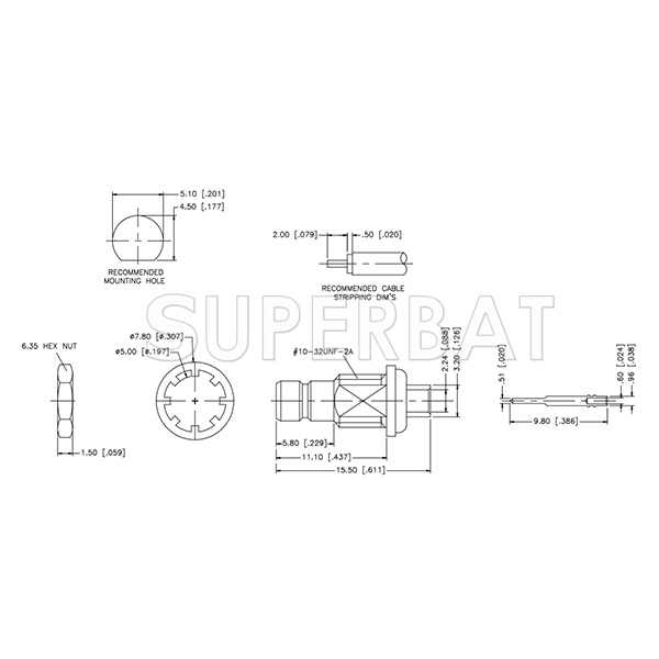 SMB Jack (male pin) Solder Bulkhead Coaxial Connector 50 Ohm for 0.086" Semi-Rigid Coaxial Cable