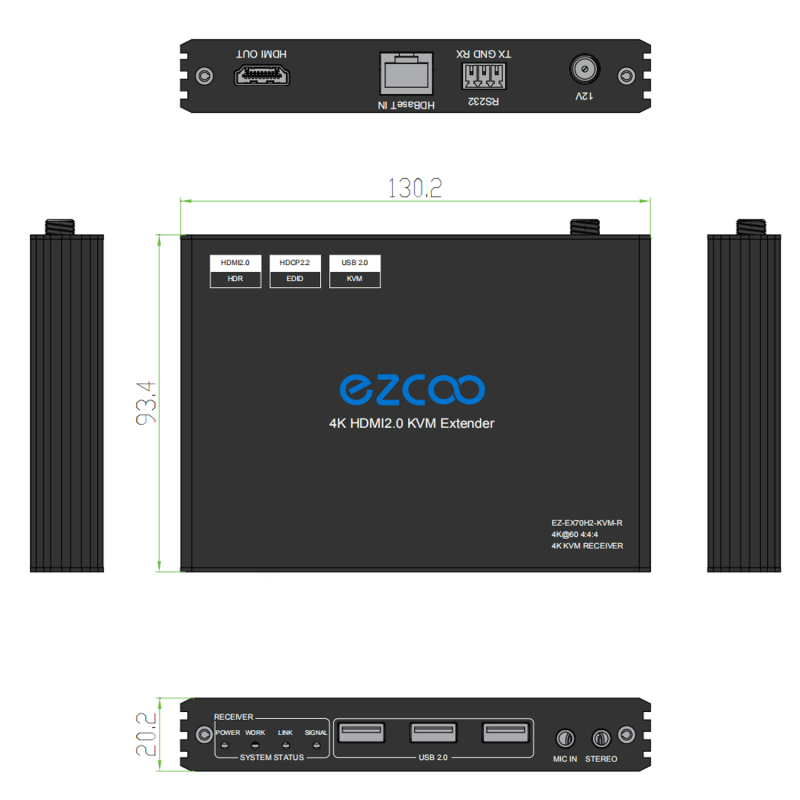 HDMI KVM Extender HDBT Extension Over Cat5e/6 100M(328ft) Uncompressed 4K60Hz 4:4:4 with 3xUSB2.0 - POE+RS232+EDID