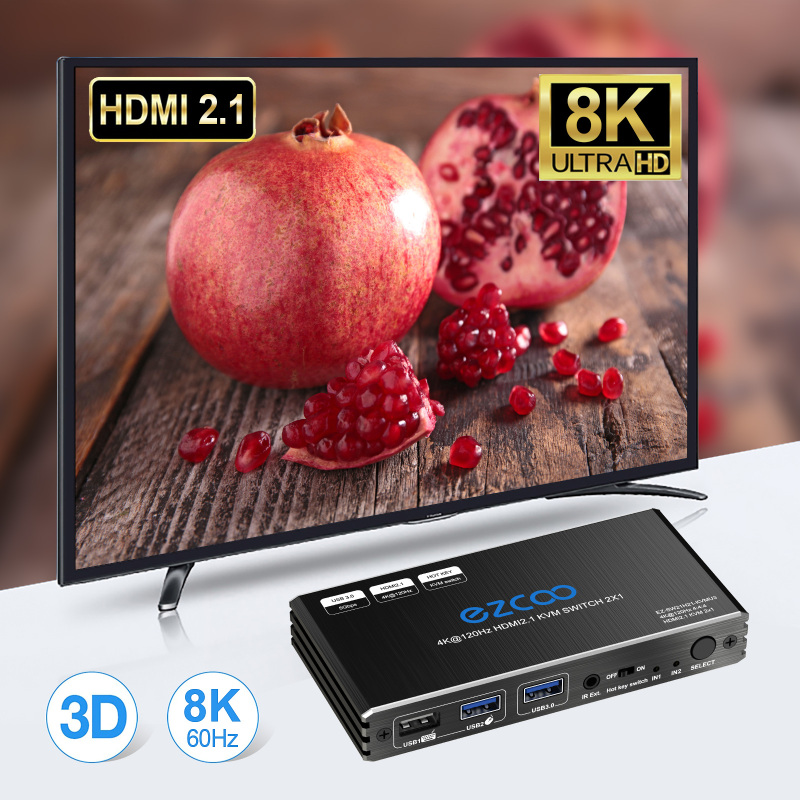 8K HDMI KVM Switch 2 Ports USB 3.0, Share 2 Computers with one Keyboard Mouse Hotkey,8K@60, 4K@120