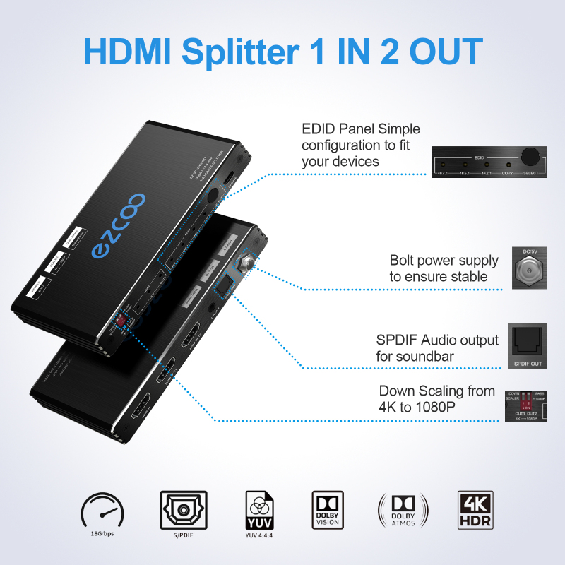 4K60 HDMI Splitter 1 IN 2 OUT,Dolby Vision , Scaling out, Optical Audio Breakout，EDID management
