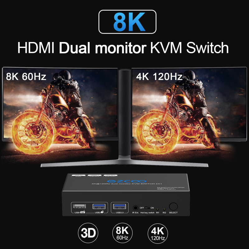 8K@60Hz 4K@120Hz HDMI  USB 3.0 KVM Switch 2 Port Dual Monitor Extended Display KVM Switcher