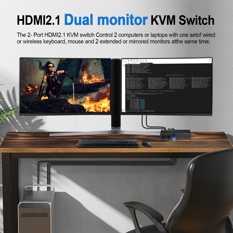 8K@60Hz 4K@120Hz HDMI  USB 3.0 KVM Switch 2 Port Dual Monitor Extended Display KVM Switcher