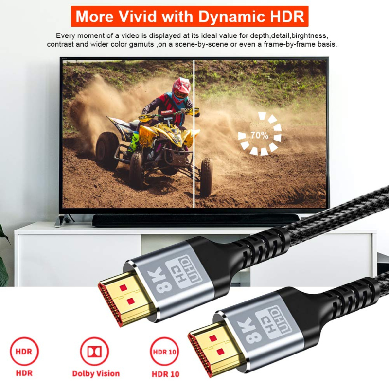 HDMI Cable 6 ft support 8K@60Hz 4:4:4 HDR, 4K120Hz up to 48G/bps bandwidth, eARC,26AWG