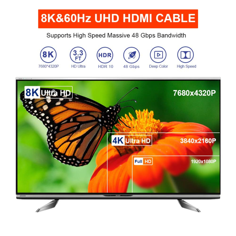 HDMI Cable 6 ft support 8K@60Hz 4:4:4 HDR, 4K120Hz up to 48G/bps bandwidth, eARC,26AWG