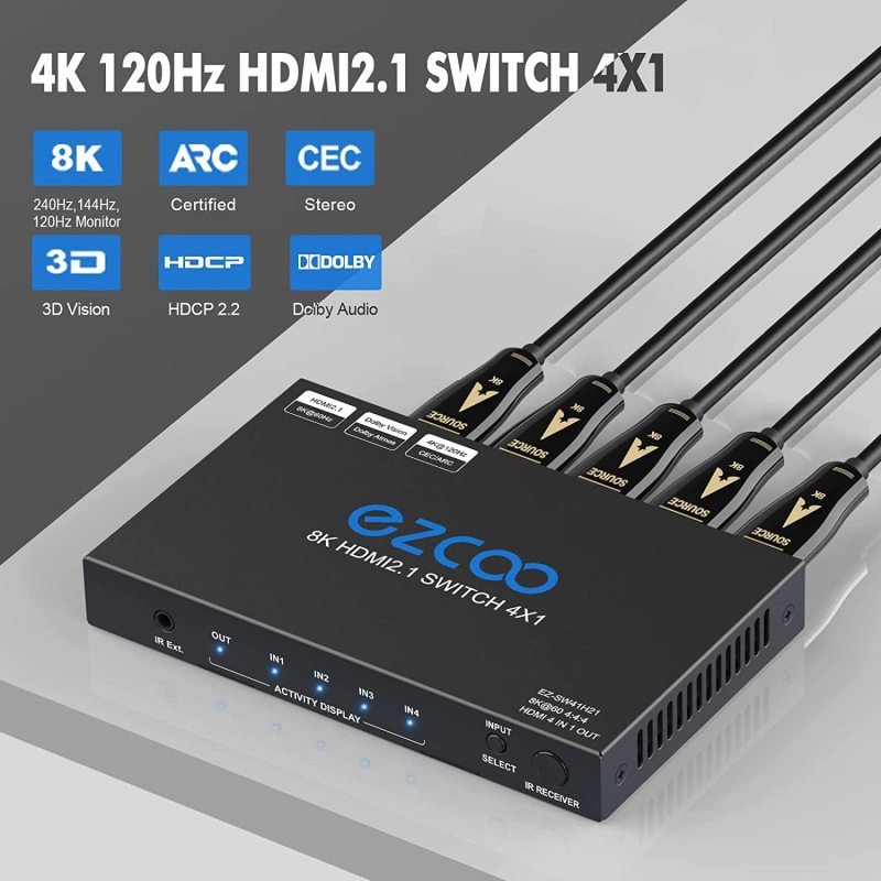 EZCOO 8K HDMI Switch 4 in 1 out, HDMI switcher, supports 8K@60Hz and 4K120Hz VRR, HDCP2.3, HDR Dolby vision Atmos, Remote control, CEC