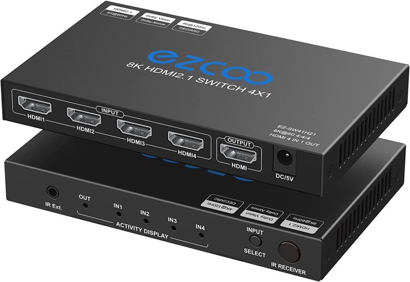 EZCOO 8K HDMI Switch 4 in 1 out, HDMI switcher, supports 8K@60Hz and 4K120Hz VRR, HDCP2.3, HDR Dolby vision Atmos, Remote control, CEC