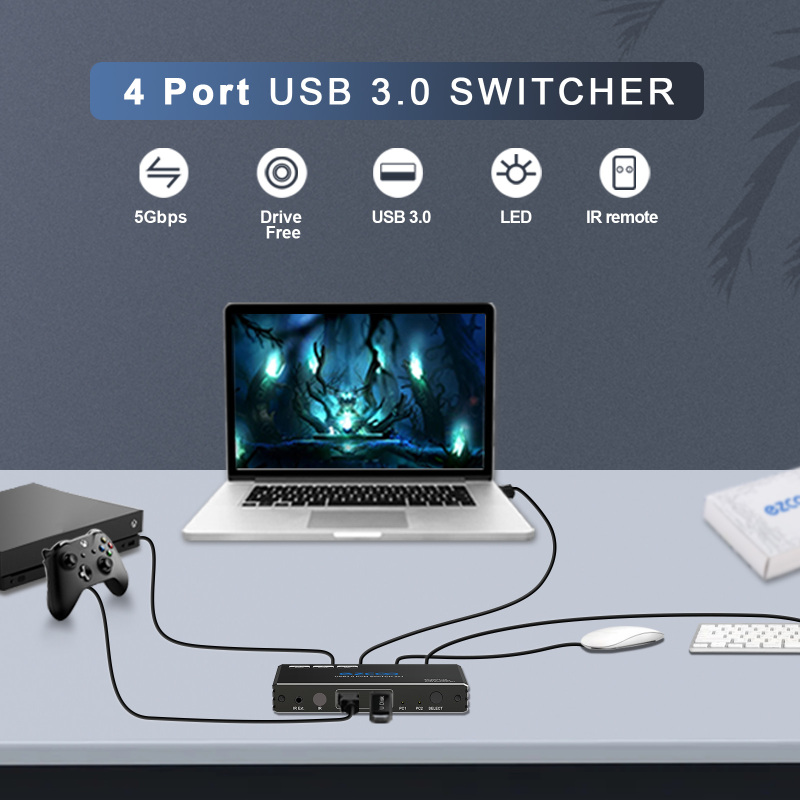 USB 3.0 Switch 2 In 4 Out USB 3.0 Sharing Switcher IR Romte KVM Switch Hub for Mouse, Keyboard, Scanner, Printer with 2 Pcs of 1.5M USB 3.0 A to A