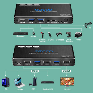 4K HDMI KVM Switch 2 Ports USB 3.0, Share 2 Computers with one Keyboard Mouse, supports Hotkey