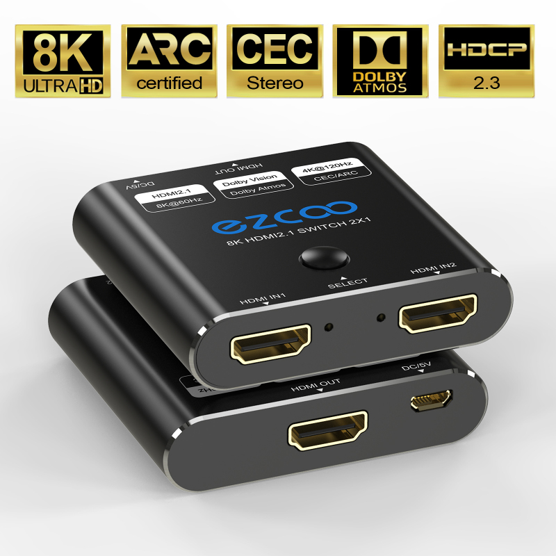 8K60Hz HDMI Switch 2 in 1 out, 4K120Hz HDMI switch 2X1 with button switch， supports 48G/bps, CEC, ARC
