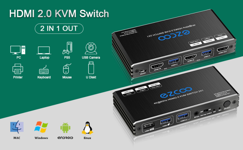 4K HDMI KVM Switch 2 Ports USB 3.0, Share 2 Computers with one Keyboard Mouse, supports Hotkey