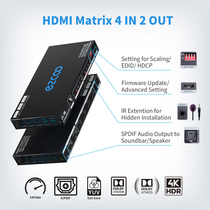4K60 HDMI Matrix 4 IN 2 OUT, Dolby vision HDR , scaling output, SPDIF breakout,up to 18G/bps