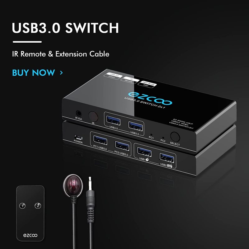 USB 3.0 Switch 2 In 4 Out USB 3.0 Sharing Switcher IR Romte KVM Switch Hub for Mouse, Keyboard, Scanner, Printer with 2 Pcs of 1.5M USB 3.0 A to A