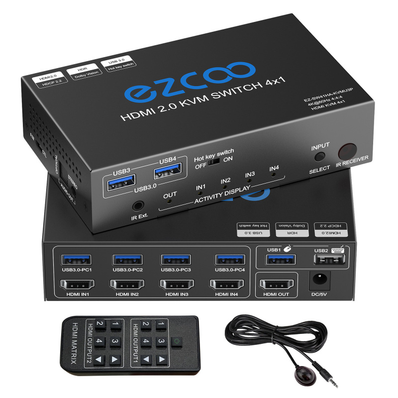 EZCOO USB 3.0 KVM Switch HDMI 4 Computer 1 Monitor 4K 60Hz SPDIF L/R Hotkey Share one Set of Keyboard Mouse Printer,1080p 120Hz 144Hz HDCP Bypass,4X U