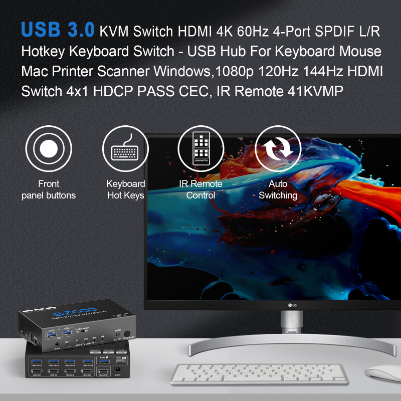 EZCOO USB 3.0 KVM Switch HDMI 4 Computer 1 Monitor 4K 60Hz SPDIF L/R Hotkey Share one Set of Keyboard Mouse Printer,1080p 120Hz 144Hz HDCP Bypass,4X U
