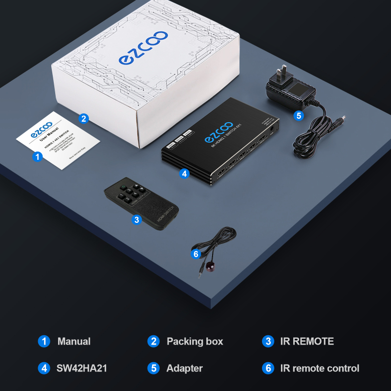 EZCOO 8K HDMI Switch 4 in 1 out with audio breakout, HDMI switcher, supports 8K@60Hz and 4K120Hz VRR, HDCP2.3, HDR Dolby vision Atmos, Remote control,