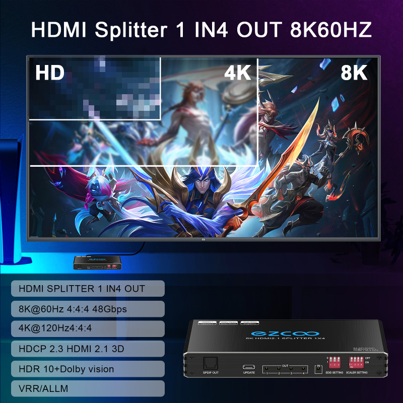 4K 120Hz HDMI 2.1 Splitter 1X4 Audio Extractor VRR ALLM HDCP2.3 HDR10+ CEC SPDIF Optical 5.1CH Audio EDID Scaler 4K 1080P HDMI Splitter 8K 1 IN 4 OUT