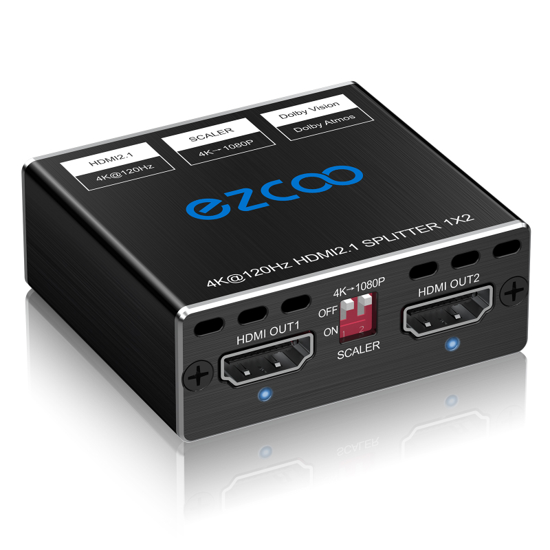 EZCOO 4K 120Hz HDMI 2.1 Splitter 8K 60Hz 1 in2 out VRR ALLM HDCP2.3 HDR10 8KUHD Dolby Vision Atmos Scaler 4K EDID 1080P Dual Monitors HDMI 2.1 Splitte