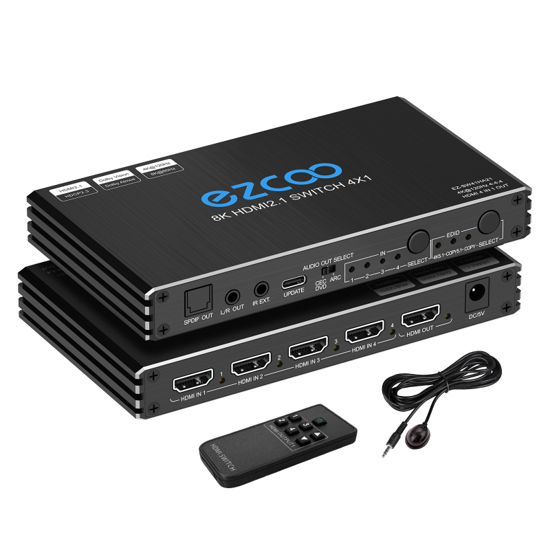 EZCOO 8K HDMI Switch 4 in 1 out with audio breakout, HDMI switcher, supports 8K@60Hz and 4K120Hz VRR, HDCP2.3, HDR Dolby vision Atmos, Remote control,