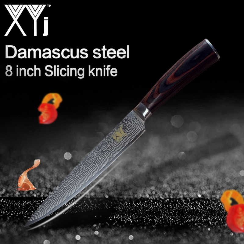 XYj Kitchen Knives 8 inch Damascus Steel Slicing Knife Lightweight Effort Color Wood Handle Double Steel Head Kitchen Tools