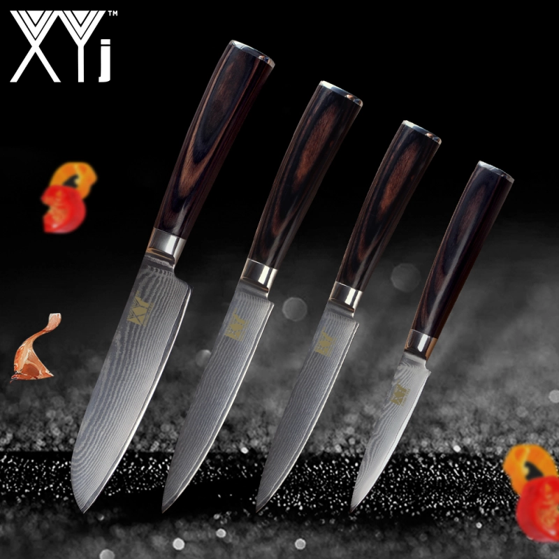 XYj Professional Damascus Knife Set 4pcs Santoku/Utility/Paring Knife 73 Layers Japanese VG10 Super Steel Core Wood Handle